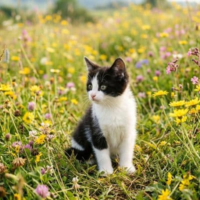 ✏  A small black and white kitten with a youthful, curious expression, sitting a