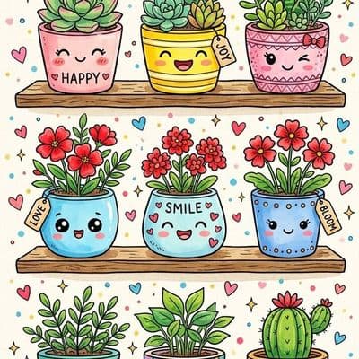 ✏  ink drawing, illustration, collection of nine potted plants with bright color