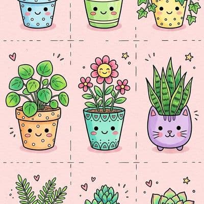 ✏  ink drawing, collection of nine quirky potted plants arranged in grid pattern