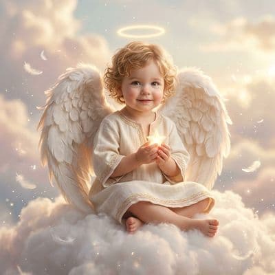 ✏  A tender, cute little angel child perched on a billowy cloud, soft downy wing