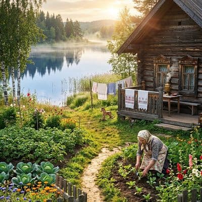 ✏  A warm, cinematic painterly scene of a Russian rural lake homestead, foregrou