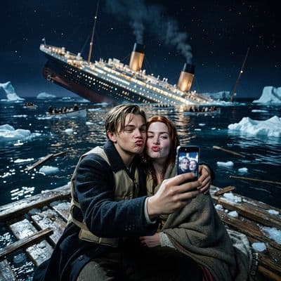 ✏  The photo shows a scene reminiscent of the iconic movie "Titanic." In the foreground, a young Leo