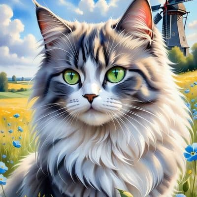 ✏  Fluffy gray and white long-haired cat with piercing green eyes and pink nose.