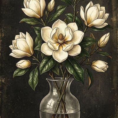 ✏  White magnolia flowers and buds in a glass vase, dark textured background. Sl