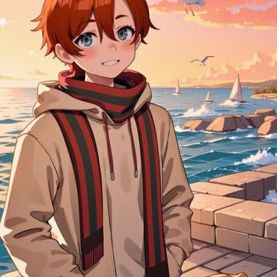 ✏  <lora:180891:1>, fca_style, 1boy, 1dog, auburn-haired boy in a cream hoodie, 