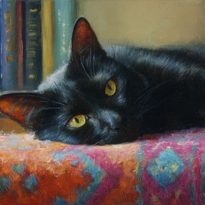 ✏  Oil close-up of a sleek black cat with bright yellow eyes lying on a decorati