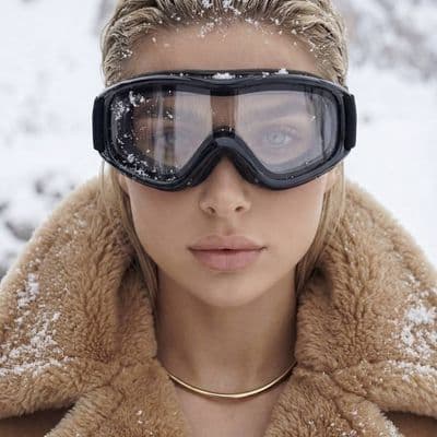 Ultra-high fashion winter beauty portrait, close-up. The woman looks straight in