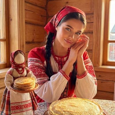 Девушка в русском костюме за столом с блинами