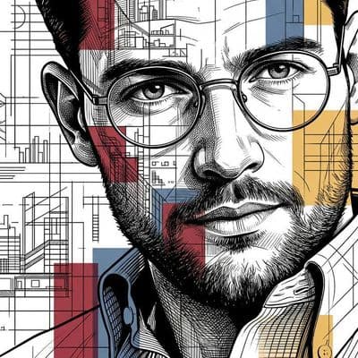 Стилизованный портрет с архитектурной графикой и техническими диаграммами