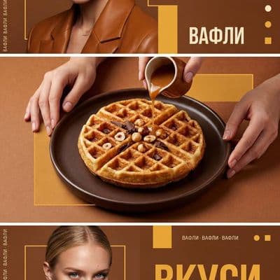 Рекламный триптих с портретом, продуктом и слоганом