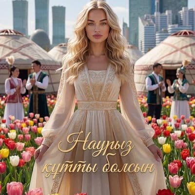 Портрет с весенними тюльпанами на фоне Астаны