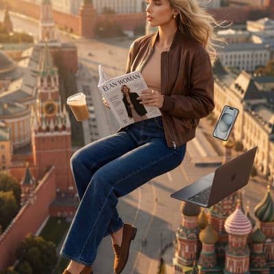 Кинематографическая модная сцена с левитацией над Красной площадью