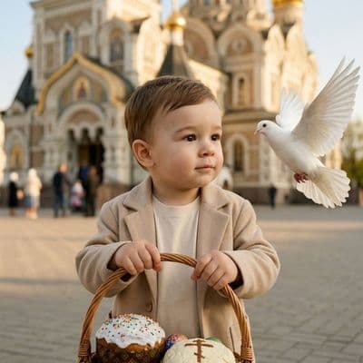 Ребёнок с корзиной пасхальных яиц и хлеба у православной церкви с голубем