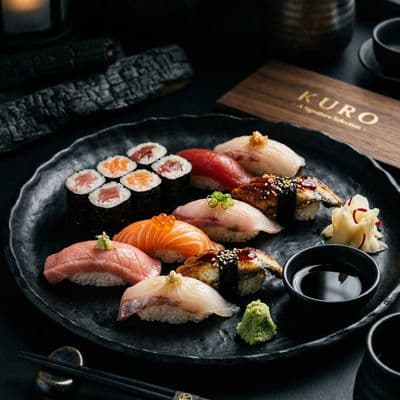 Премиальный набор суши KURO на черной керамике с драматическим светом