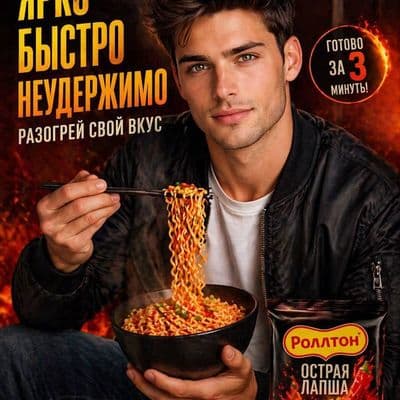 Рекламный портрет с мужчиной и горячей лапшой в руках
