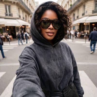 Крупный план с очками и худи Vogue на улице Парижа