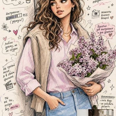 Рисованный персонаж с заметками и цветными каракулями