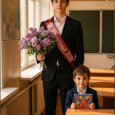Выпускник со своей детской версией в школьном классе