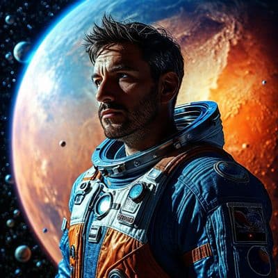 Мужской портрет в серебряном космическом комбинезоне