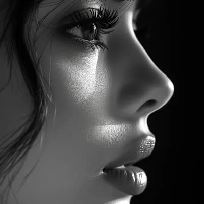 a black and white photo of a woman with shadow., i...