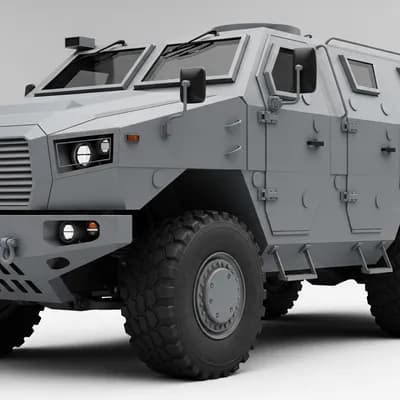 A hyper-realistic, matte gray armored personnel ca...