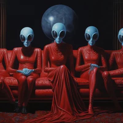 **the painting shows four aliens sitting on a sofa...