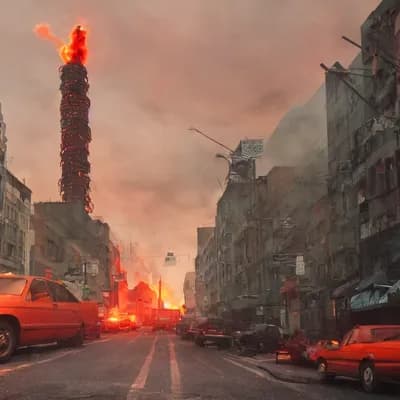 city street view with one tall antenna tower in th...