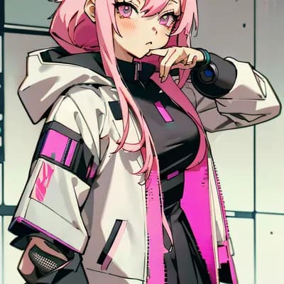 anime girl with pink hair and a white jacket and b...