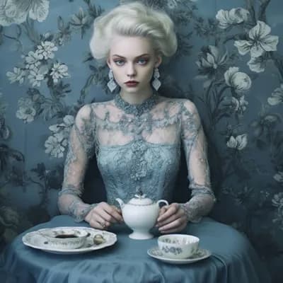 a woman sitting at a table , by Valerie Petts, tum...