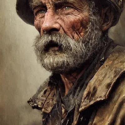 a portrait of an old coal miner in 19th century, b...