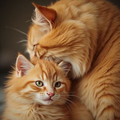 ✏  A close-up of a large ginger cat protecting a fluffy ging