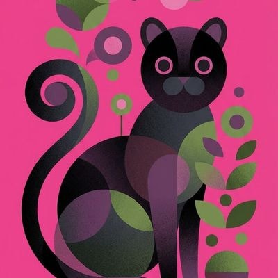 ✏  geometric illustration of a black cat sitting on a vibran