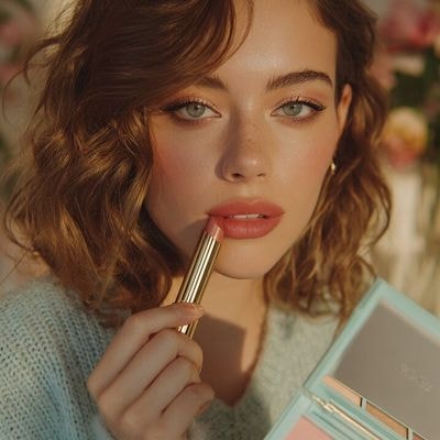 ✏  young woman with wavy teal hair, holding gold lipstick ne