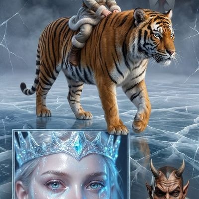 ✏  a little angel with golden hair and curls riding a tiger 