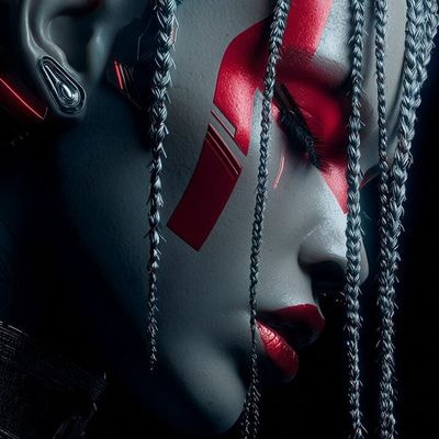 ✏  female cyborg with braided hair, neon elements on face, v
