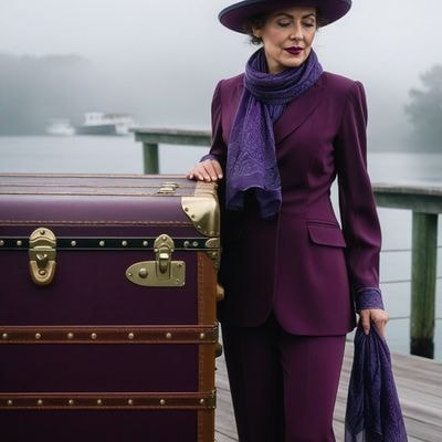 ✏  A lady standing in front of her steamer trunk, wearing a 