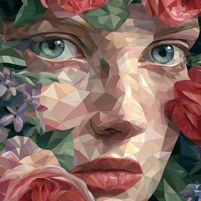 ✏  woman with closed eyes, hair transforms into bouquet of r