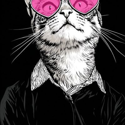 ✏  white cat wearing pink heart-shaped glasses, black and wh