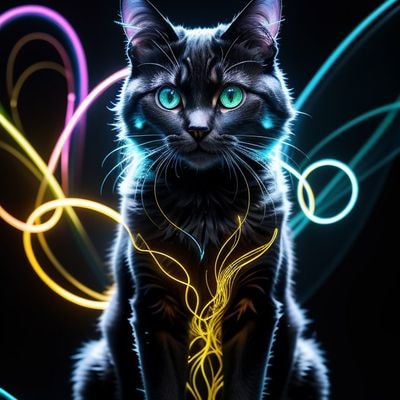 ✏  a cat with colorful lights sitting against a dark backgro