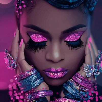 ✏  woman with intricate makeup, long black eyelashes, vibran