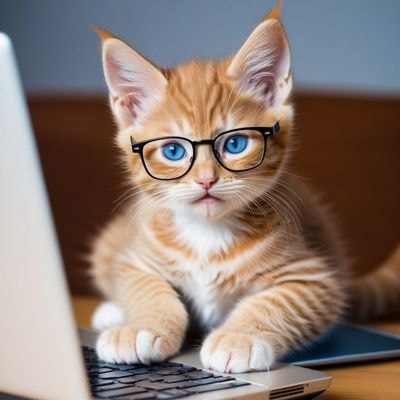 ✏  Cute ginger kitten with blue eyes and glasses, doing busi