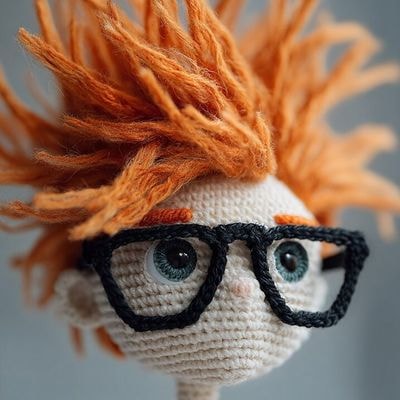 ✏  close-up of crocheted doll's face with spiky orange hair 
