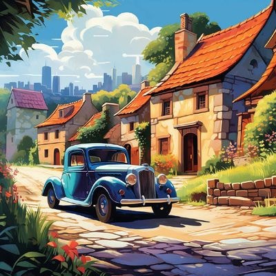 Старинная машина на деревенской улице в стиле Disney