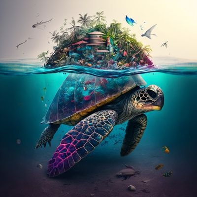 Черепаха среди пластика у тропического острова