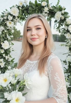Невеста в белом кружевном платье у свадебной арки