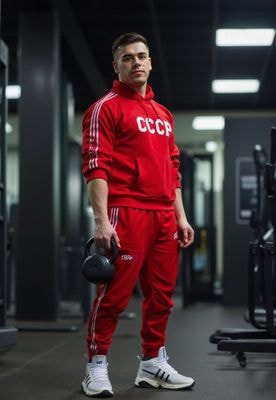 Мужчина в спортивном костюме СССР в спортзале