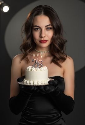 Женщина с тортом и свечами 26 лет в студии