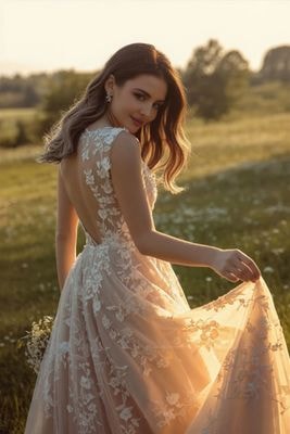 Нежная свадебная фотосессия женщины в поле с пышным платьем