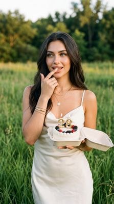 Романтичная фотосессия девушки с тортом на природе