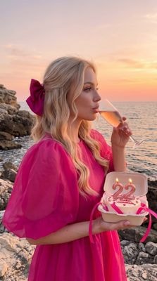 Фотореалистичный кадр девушки с тортом у моря на закате